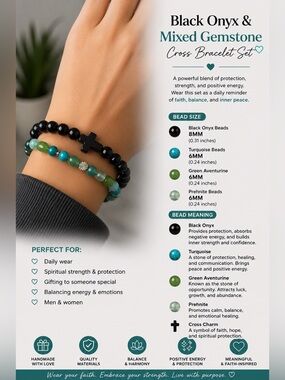 Black Onyx & Mixed Gemstone Cross Bracelet Set